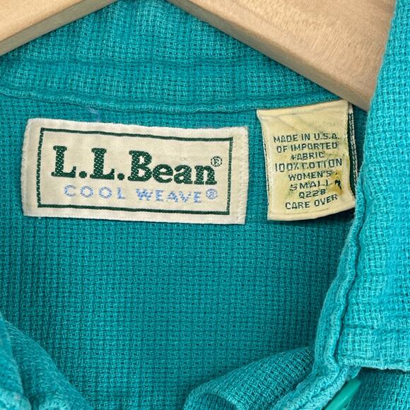 LL BEAN Top Womens S Cool Weave Short Sleeve Button Up Woven Green USA Vintage - Picture 5 of 12